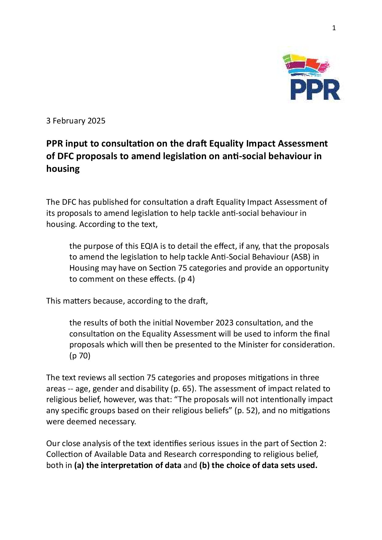 PPR input to consultation on the draft Equality Impact Assessment of Department for Community proposals to amend legislation on anti-social behaviour in housing