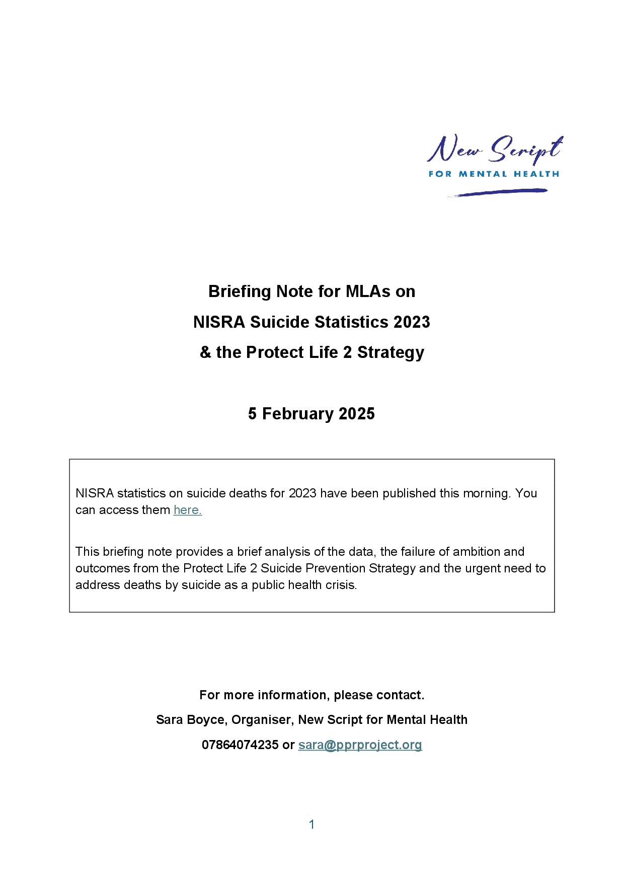 Briefing Note for MLAs on NISRA Suicide Statistics 2023 & the Protect Life 2 Strategy