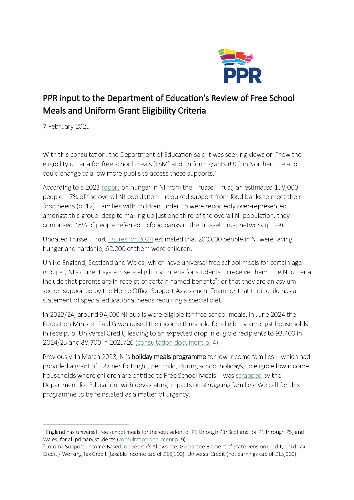 PPR input to the Department of Education’s Review of Free School Meals and Uniform Grant Eligibility Criteria