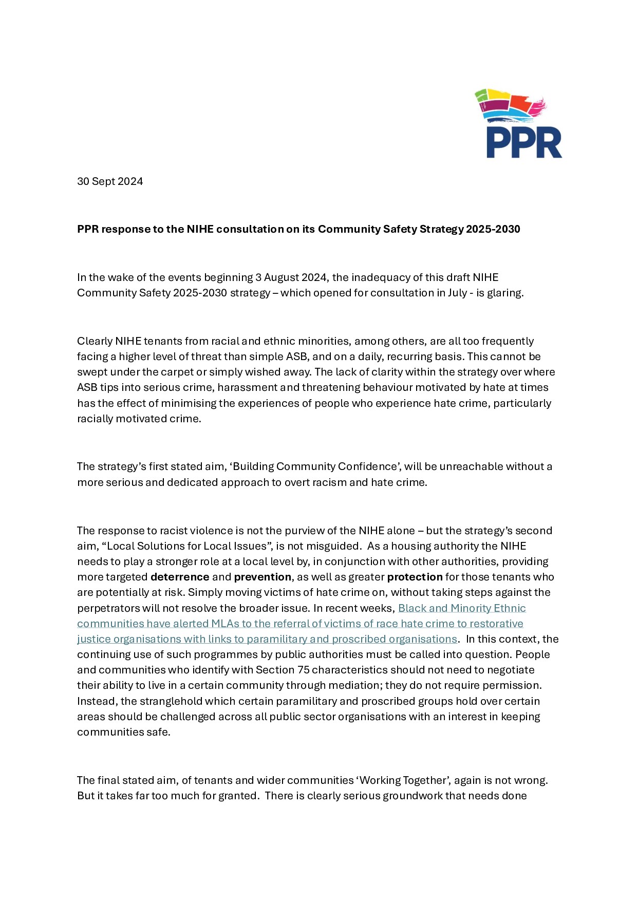 PPR response to NIHE community safety strategy consultation