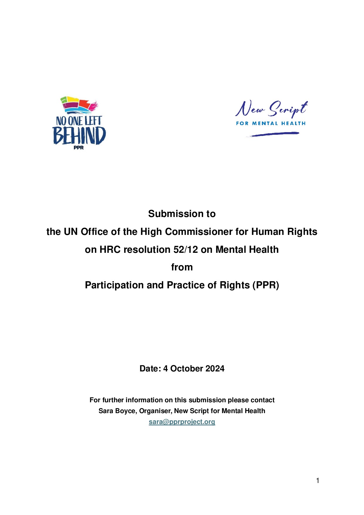 Submission from New Script for Mental Health & PPR to the UN Office of the High Commissioner for Human Rights in response to HRC Resolution 52/12